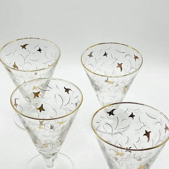 Vintage Libbey 1950s Royal Fern Gold Trim Stemware Wine Water Glasses Set of 4